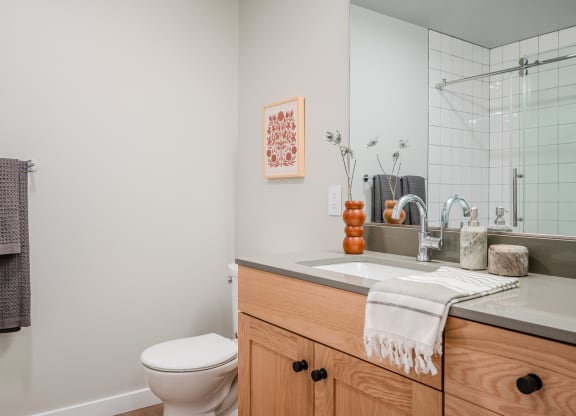a bathroom with a sink and a toilet and a mirror at Slabtown Square Apartments, Portland , Oregon