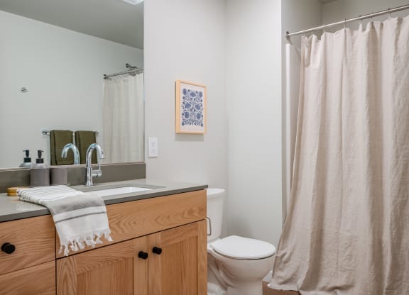 a bathroom with a shower and a sink and a toilet at Slabtown Square Apartments, Portland 
