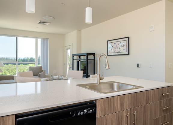 A modern kitchen with a large island and a dishwasher.