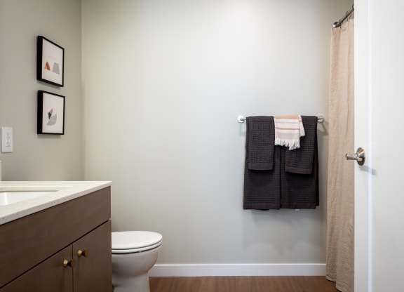 a bathroom with a toilet sink and towel rack and a shower at Slabtown Square Apartments, Portland , OR