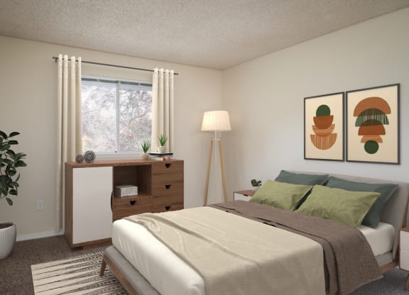 a bedroom with a bed and a dresser and a window