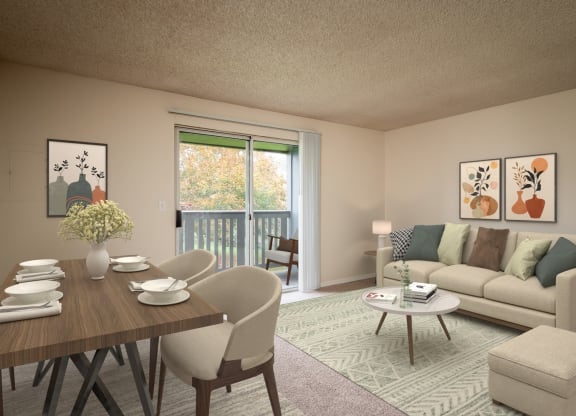 a living room and dining room with a couch and a table