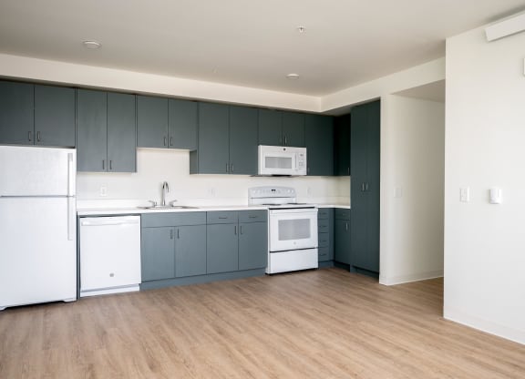 an empty kitchen with white appliances and blue cabinets