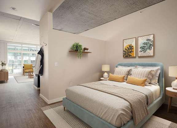 a bedroom with a bed and a closet