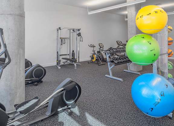 A gym with a row of treadmills, a row of stationary bikes, and a row of exercise balls.