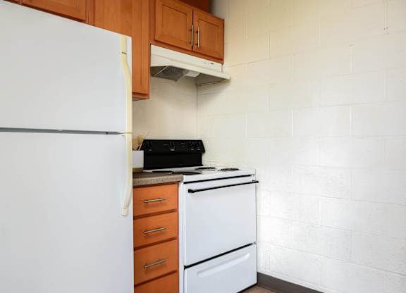 a kitchen with a white refrigerator and a stove