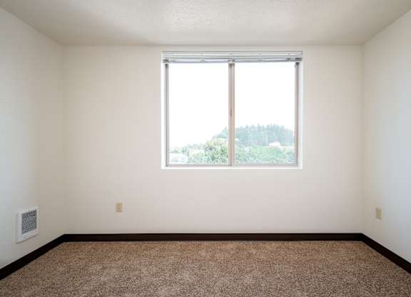 an empty room with a large window and a carpet
