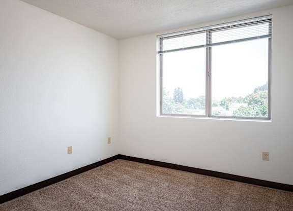 an empty room with a large window and carpet