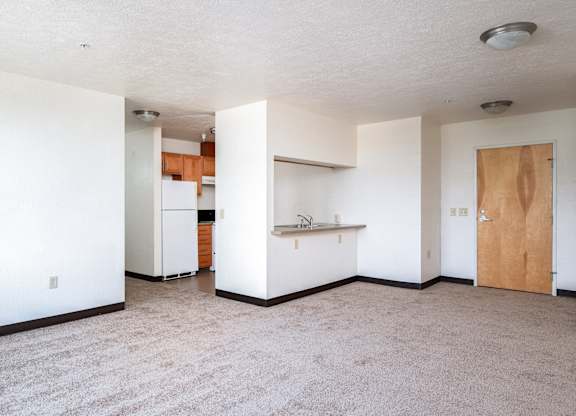 an empty living room and kitchen with a refrigerator and a sink