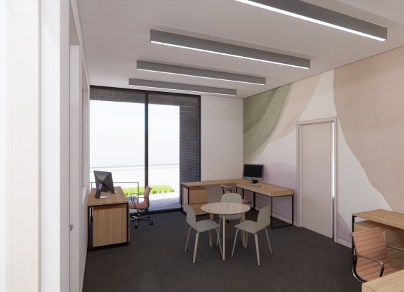 a rendering of a classroom with a desk and chairs
