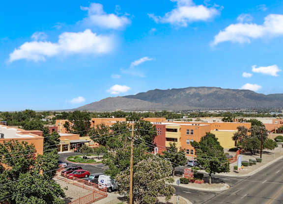 A view of a town with buildings and a mountain in the background.