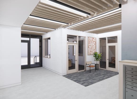 a rendering of a living room with a view of the ocean