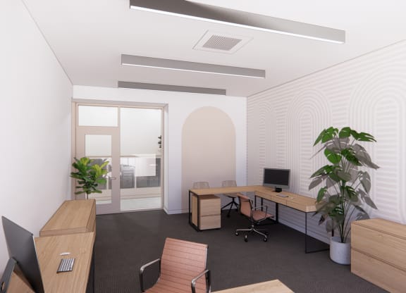 a modern office with a desk and a plant