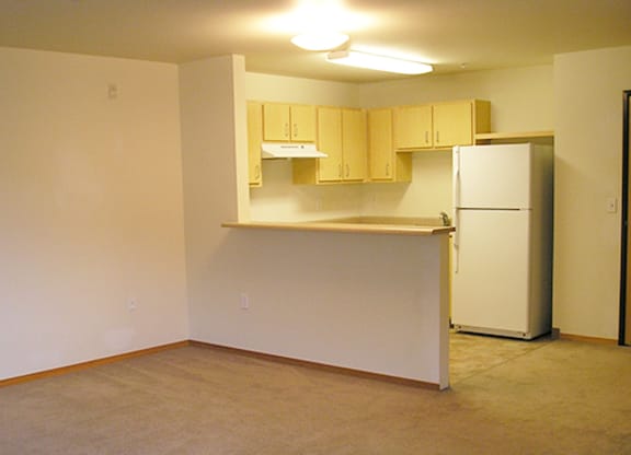 an empty kitchen with a refrigerator and a sink