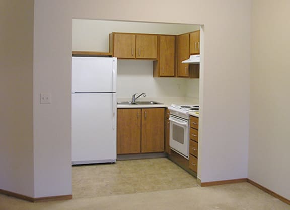 an empty kitchen with a white refrigerator and a sink