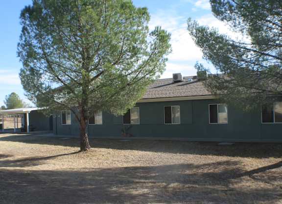 A green house with a tree in front of it.