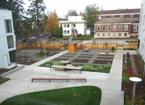 a community garden with benches and a wooden fence