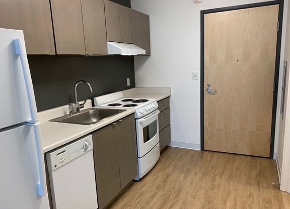 a kitchen with a stove and a sink and a refrigerator