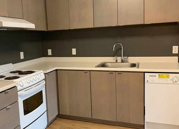 a kitchen with a white stove and a sink