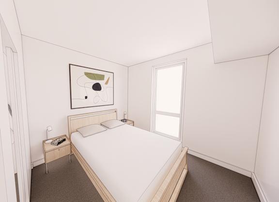 A bedroom with a bed, nightstand, and a painting on the wall.
