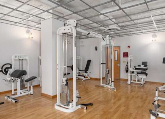 A gym with wooden floors and a variety of equipment.