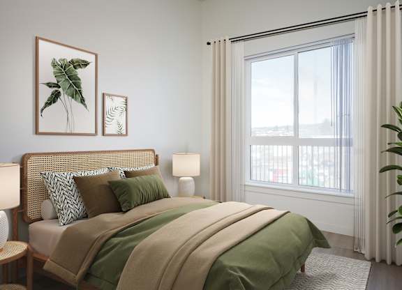 A bedroom with a bed, two lamps, a potted plant, and two framed pictures on the wall.