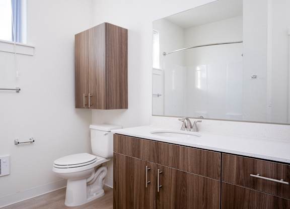 A white toilet sits next to a sink in a bathroom.