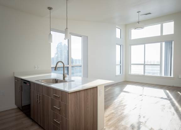A kitchen with a sink and a window.
