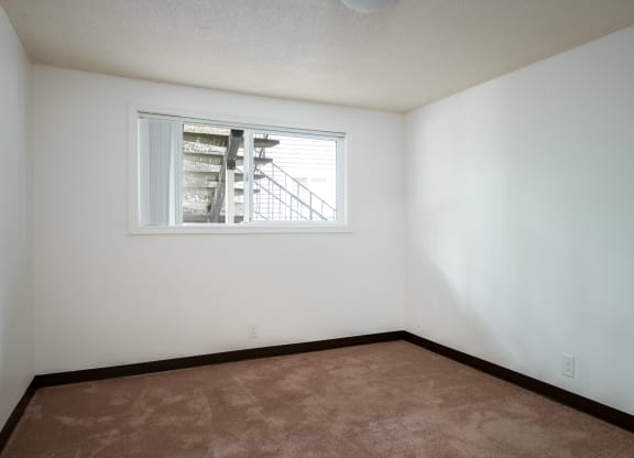 an empty room with a window and a carpet