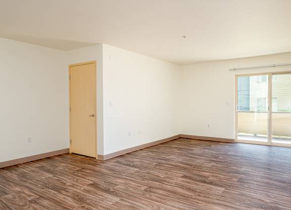 A room with a wooden floor and a sliding glass door.