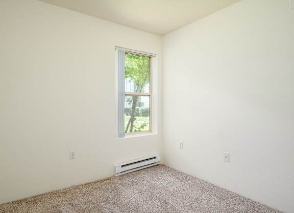 A room with a window and carpeted floor.