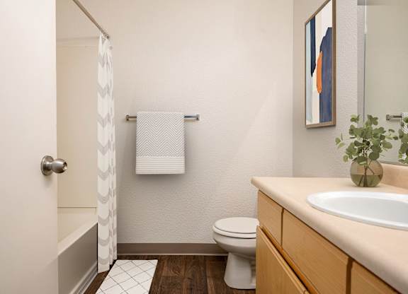 A bathroom with a toilet, sink, and a mirror.