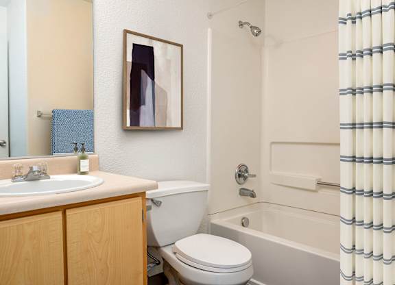 A bathroom with a toilet, sink, and a painting on the wall.
