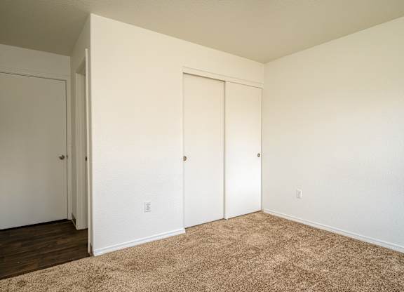 A room with two doors and a carpeted floor.