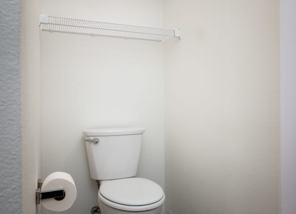 a bathroom with a toilet and a roll of toilet paper