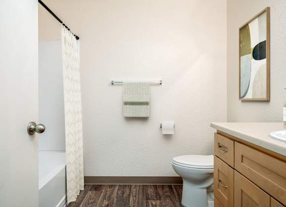 A bathroom with a toilet, sink, and shower.