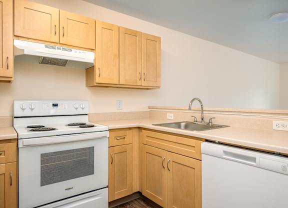 A kitchen with a white stove and a white dishwasher.