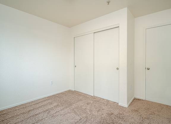 A room with two white doors and carpeted floor.