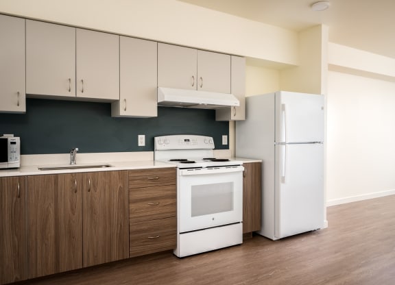 a kitchen with white appliances and white cabinets and a refrigerator