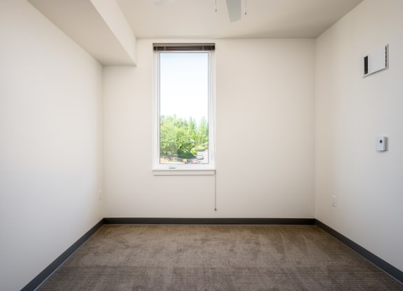 an empty room with a window and a carpet