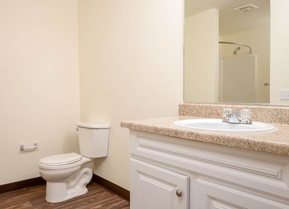 A white toilet sits next to a sink in a bathroom.