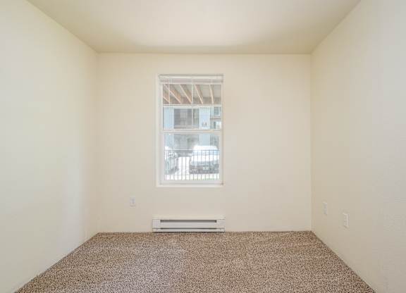A room with a window and a carpet on the floor.