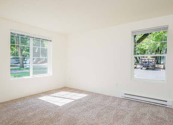 A room with a carpet floor and two windows.