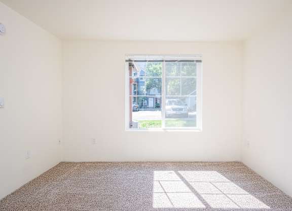 A room with a window and a carpet on the floor.