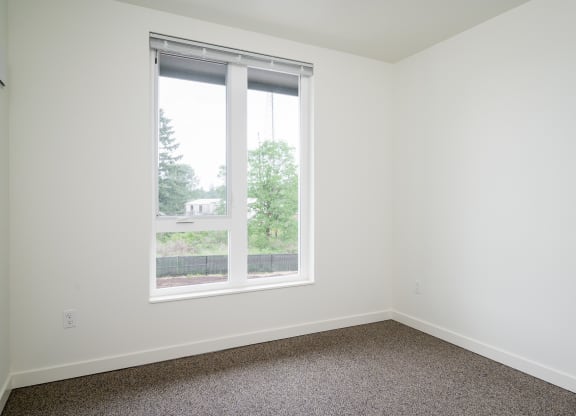 a bedroom with a large window and a carpeted floor