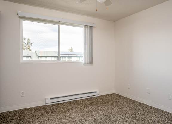 A room with a window and a carpeted floor.