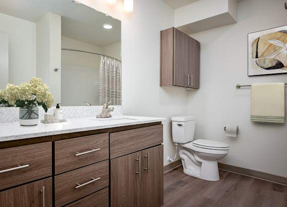 A white toilet sits next to a sink in a modern bathroom.