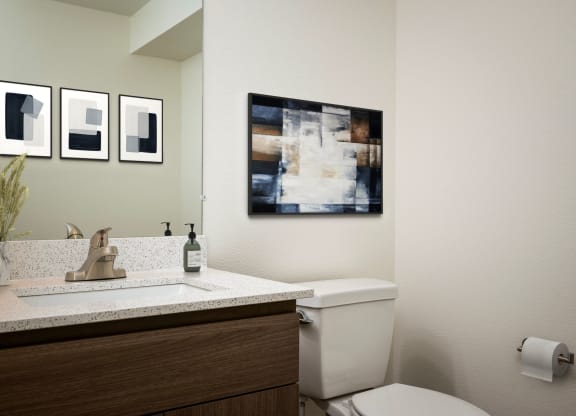 a bathroom with a toilet and a sink and pictures on the wall
