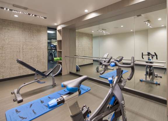 A gym with a blue mat and a stationary bike.