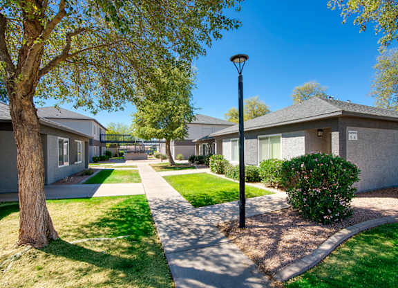 A residential area with houses and a tree.